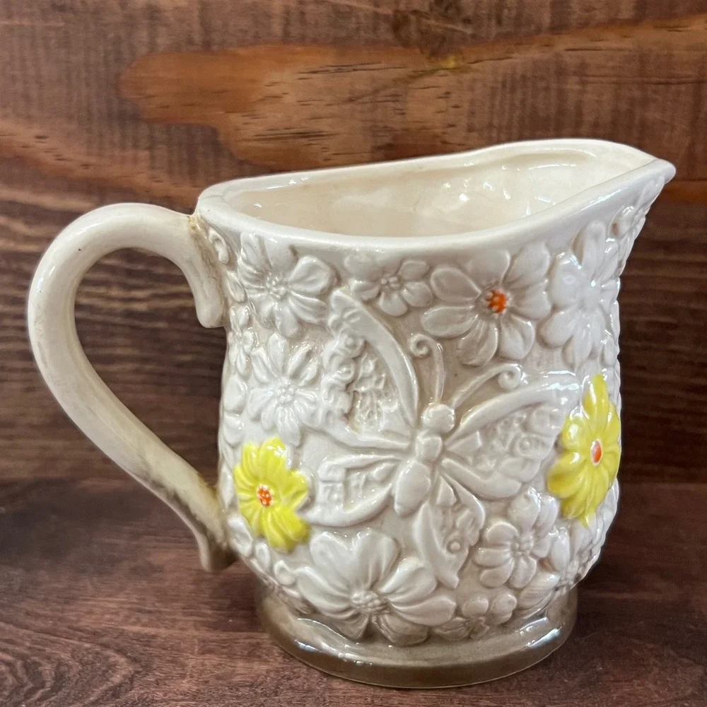 New Trends Inc Japan Vintage Butterfly Floral Ceramic Creamer Pitcher Yellow